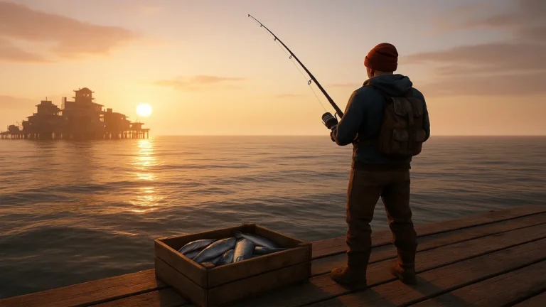 Player fishing with a rod at the large fishing village in Rust
